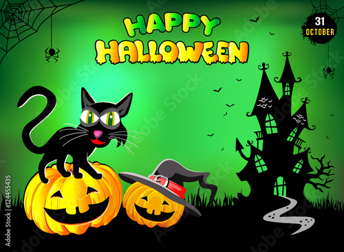 Happy Halloween  funny cat sitting on a pumpkin  illustration  poster  green background.