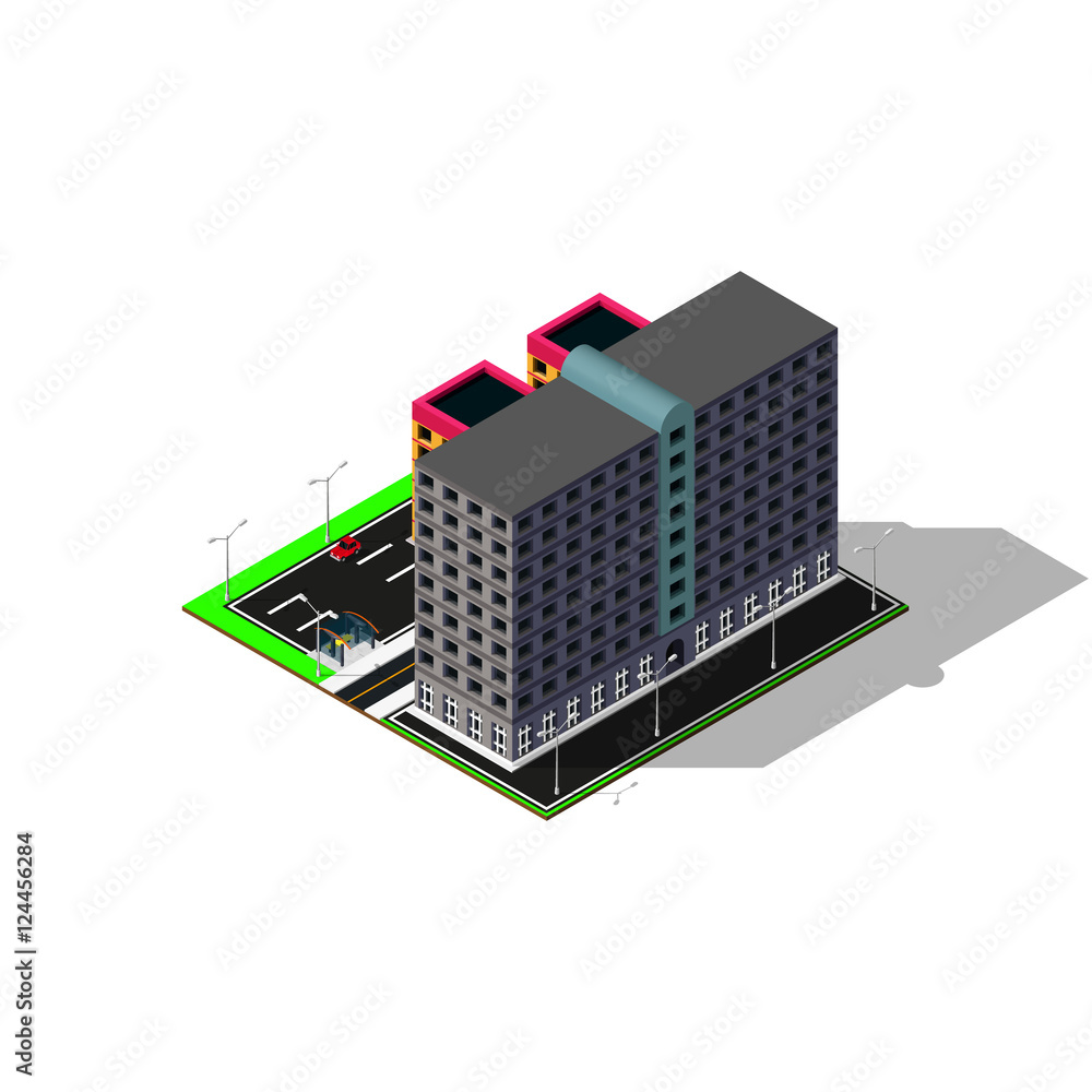 Isometric buildings. Three buildings, parking and road markings. 3d map ...