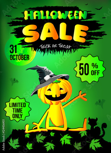 Halloween  funny pumpkin  sale of goods  illustration  poster  green background.