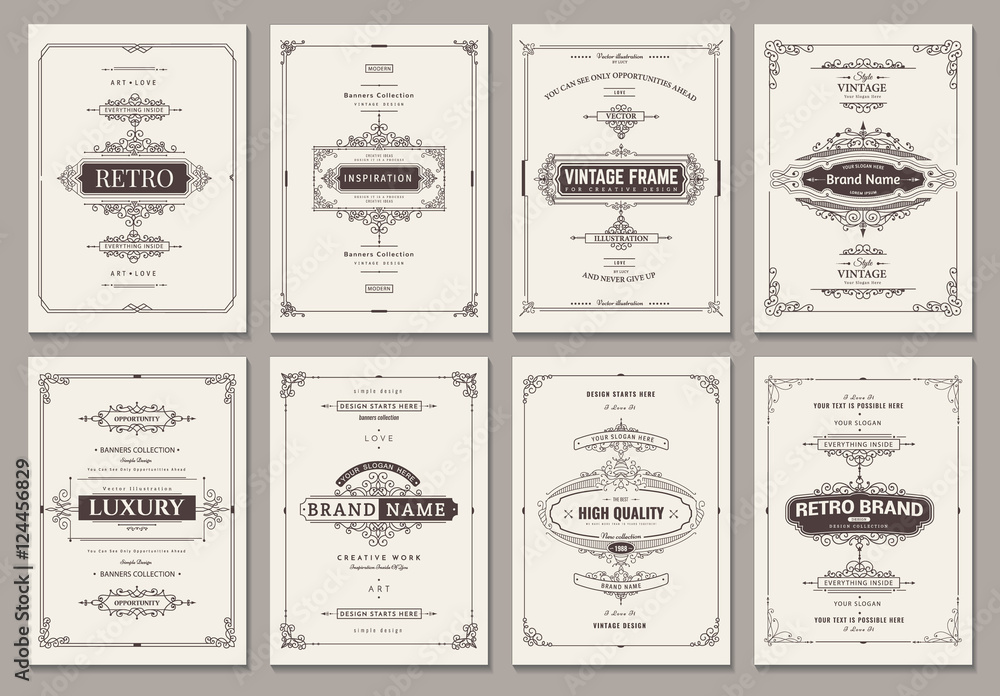 Obraz premium Szablon kreatywnych kart z monogramem z ozdobnymi elementami. Elegancki design do kawiarni, restauracji, heraldycznej, biżuterii, mody. Ręcznie rysowane elementy. Kręcone i wiruje rama vintage