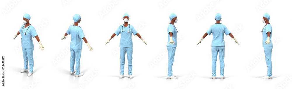 Serious african american young woman in uniform on white from different angles. 3D illustration