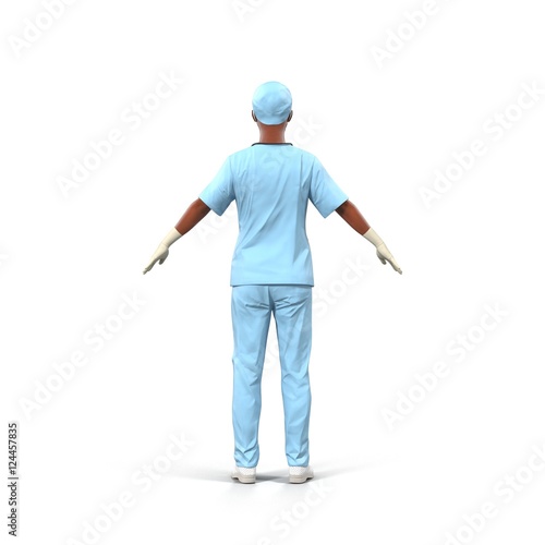 Back view medical african american nurse woman Standing Isolated on white. 3D illustration