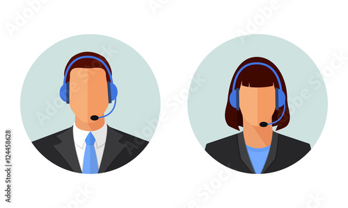 Male and female online customer support, service icons. Man and woman call center operator avatars. Flat design circle vector illustrations isolated on white.