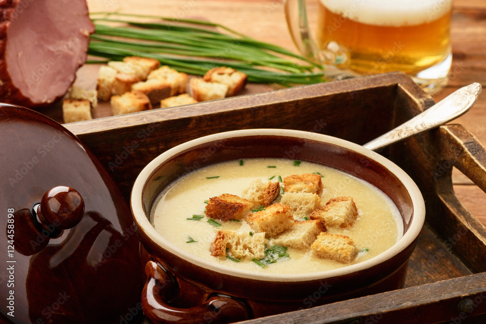 Beer soup with chicken fillet, ham and cheese. Beer soup with chicken fillet, ham and cheese.