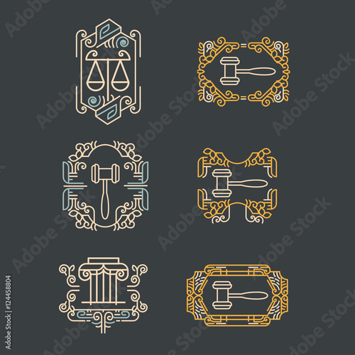 Law office logo set. Vector vintage lawyer logo collection. Jurist icon template. Attorney sign. Legal concept. Juridical firm labels and badge