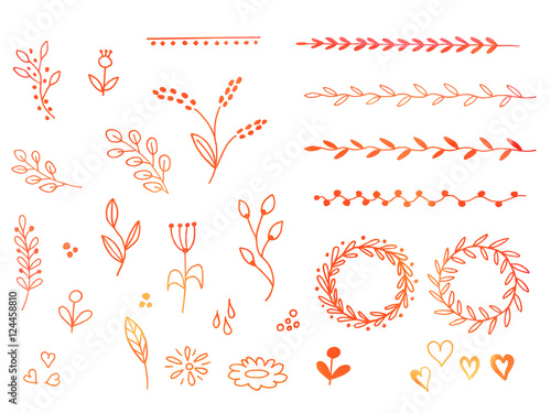 Collection of hand drawn doodle design elements with watercolor texture isolated on white background. Set of autumn handdrawn borders, laurel wreaths, floral dividers, ribbons. Vector illustration.