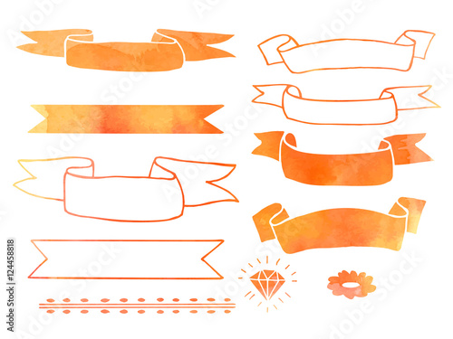 Collection of hand drawn doodle design elements with watercolor texture isolated on white background. Set of autumn handdrawn borders, ribbons, banners. Abstract sketched shapes. Vector illustration.