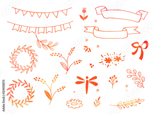 Collection of hand drawn doodle design elements with watercolor texture isolated on white background. Set of autumn handdrawn dragonfly, borders, laurel wreath, floral dividers, bunting flags. Vector.
