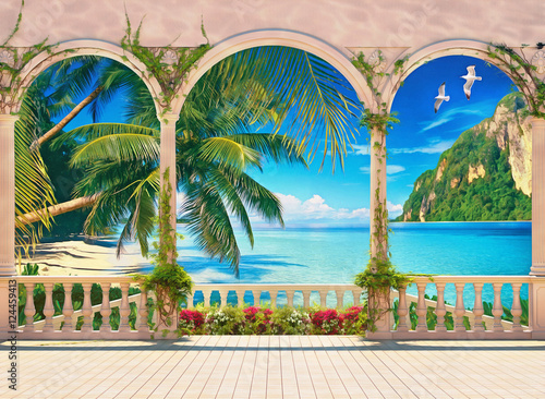 Tableau sur toile Terrace with colonnade overlooking the tropical bay