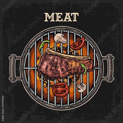 Barbecue grill top view with charcoal and beef steak.
