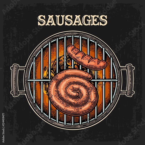 Barbecue grill top view with charcoal and sausage