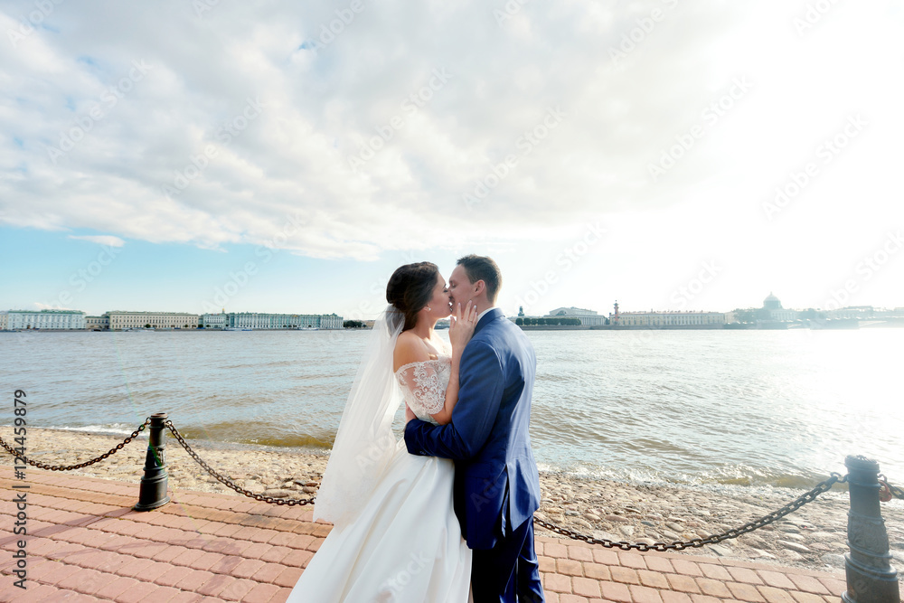 Wedding couple on the nature is hugging each other. Beautiful model girl in white dress. Man in suit. Beauty bride with groom. Female and male portrait. Woman with lace veil. Lady and guy outdoors Wedding couple on the nature is hugging each other. Beautiful model girl in white dress. Man in suit. Beauty bride with groom. Female and male portrait. Woman with lace veil. Lady and guy outdoors