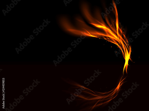 Abstract glowing lines of fire flashes and the reflected and stars on a black background, vector illustration