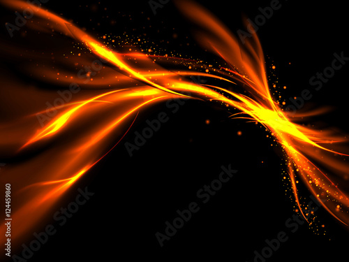 Abstract glowing lines of fire and stars on a black background, vector illustration