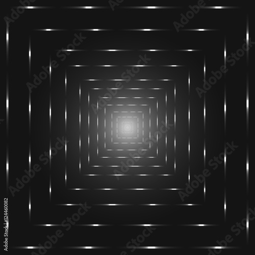 Silver perspective abstract tunnel, shades of grey punctuated square lines vector background