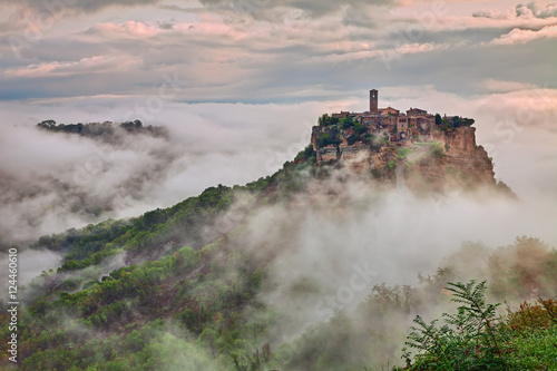 Civita di Bagnoregio, Viterbo, Lazio: landscape at dawn with fog