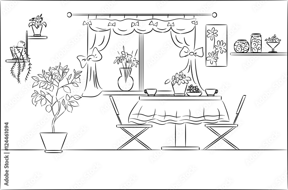 Sketch of interior of dining room 