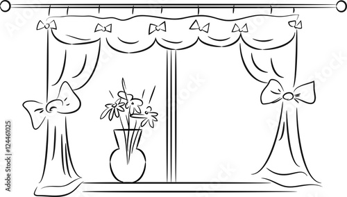 Sketch of window with curtains and a glass vase on a windowsill