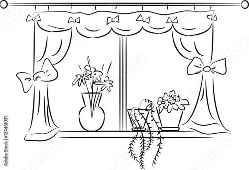 Sketch of window with curtains and houseplants on a windowsill 