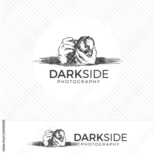 abstract silhouette photography logo. Vintage style camera icon vector with photographer holding a lens.
