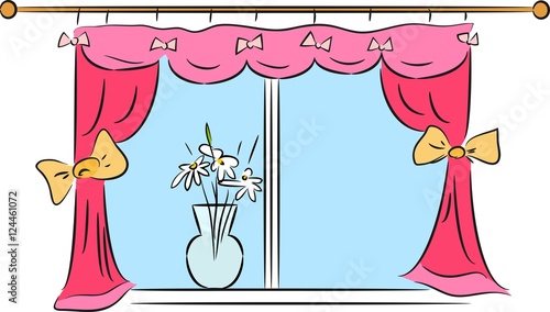 Window with pink curtains and a glass vase on a windowsill