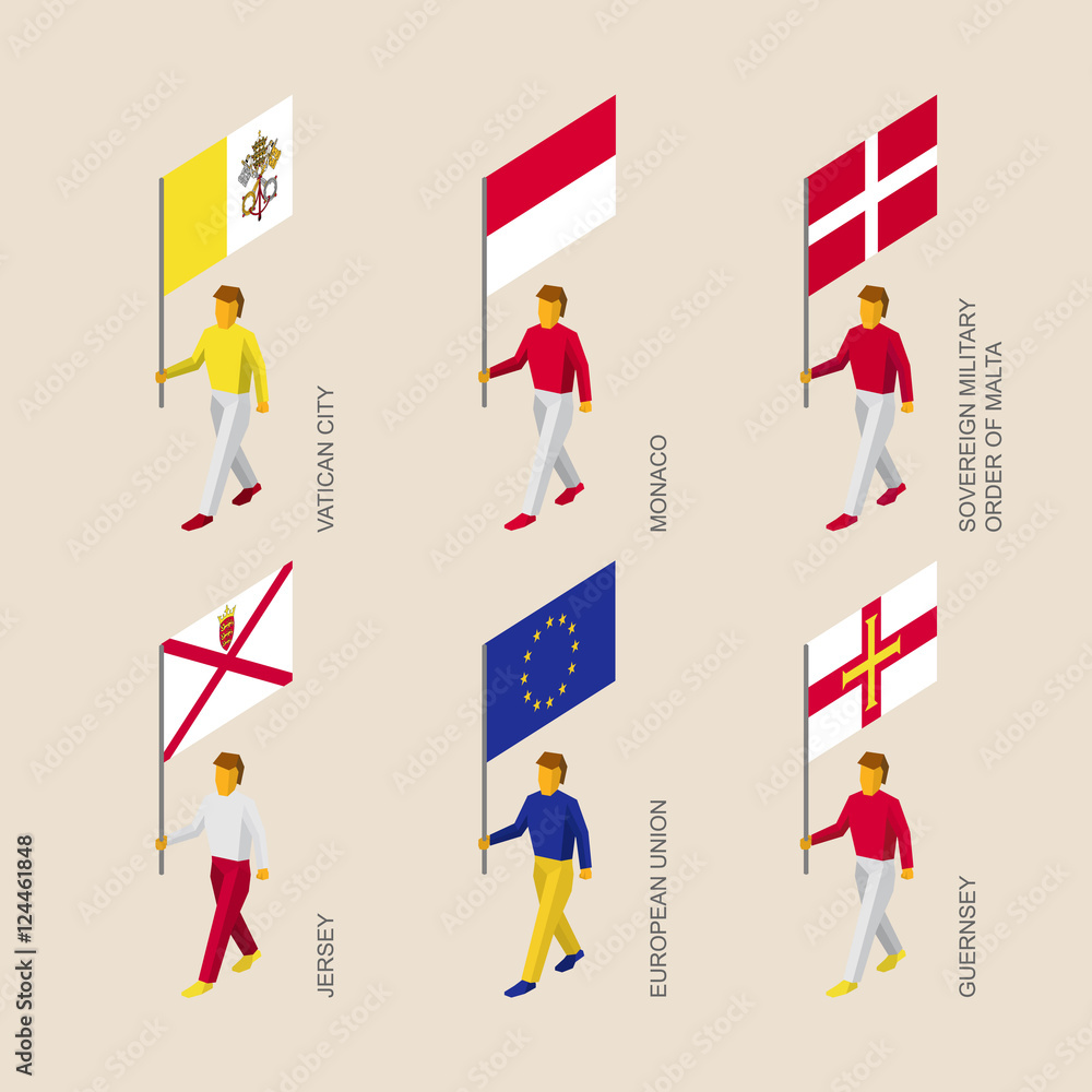 Set of 3d isometric people with flags of European countries and EU. Standard bearers infographic - Vatican, Monaco, Malta, Jersey, Guernsey, European Union. Stock Vector | Adobe Stock