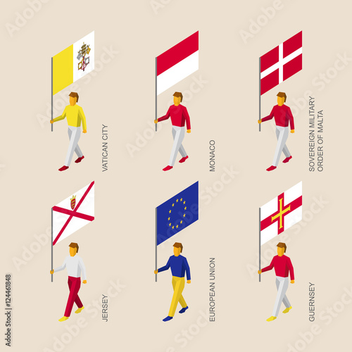 Set of 3d isometric people with flags of European countries and EU. Standard bearers infographic - Vatican, Monaco, Order of Malta, Jersey, Guernsey, European Union.
