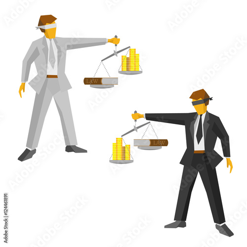 Two man in black and white suits with balance in hand, looks like a god of justice Themis (Femida). Money and lawbook on the scales. Law and legal concept. Lawyer isolated on white background.