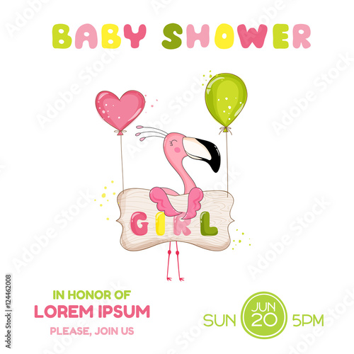 Baby Shower or Arrival Card - Baby Flamingo Girl - in vector