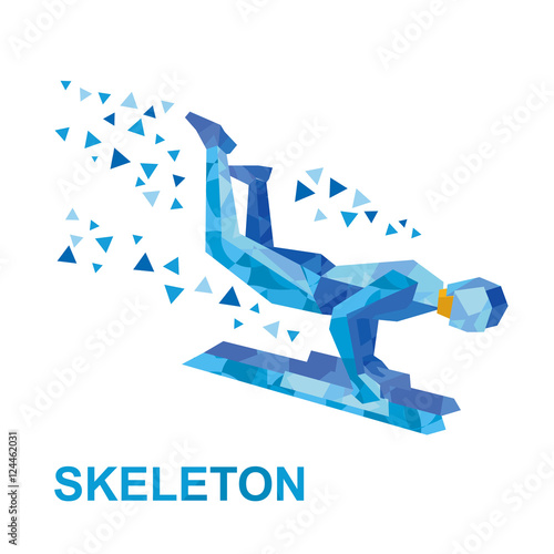 Winter sports - skeleton. Cartoon sportsman jump on sled (bobsled)