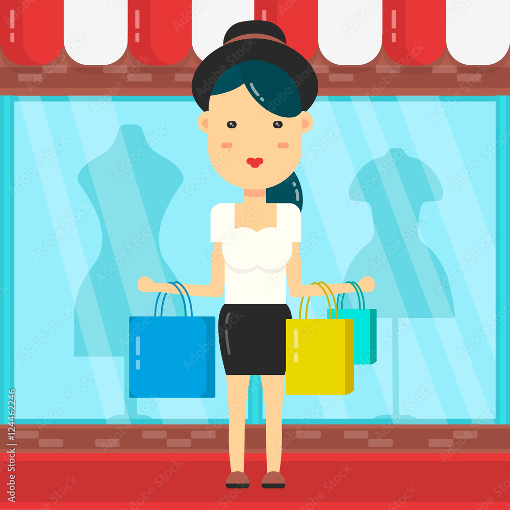 Women shopping. Shop mall background. Vector flat cartoon character illustration Women shopping. Shop mall background. Vector flat cartoon character illustration