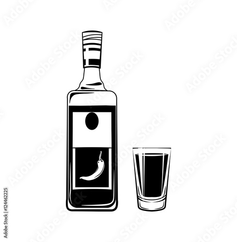 Tequila Bottle and Shot Glass. Design Element. An Isolated Object. Vector Illustration