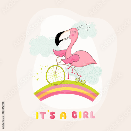 Baby Shower or Arrival Card - Baby Flamingo Girl on a Bike - in vector