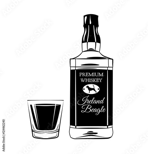 Scotch Whiskey Bottle and Shot Glass. Alcohol Design Element. Drinks. An Isolated Object. Vector