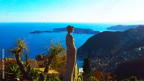 Foto Beautiful view of the village of Eze, a botanical garden with cacti, Mediterrane