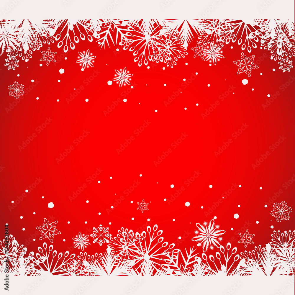 Abstract red Christmas background with white snowflake borders.