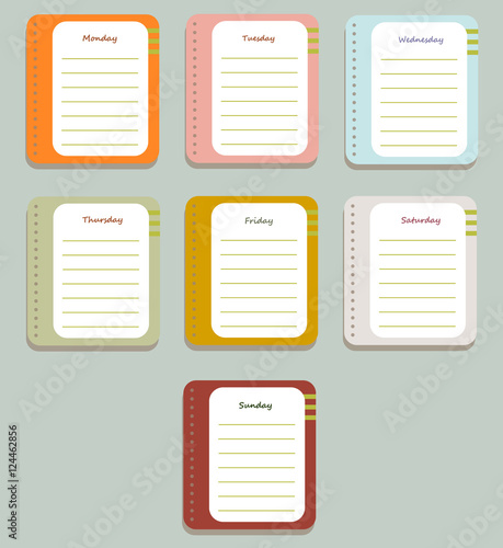 The sheets of the planner for weekly planning with the names of the days of the week. Diary.Vector illustration. 