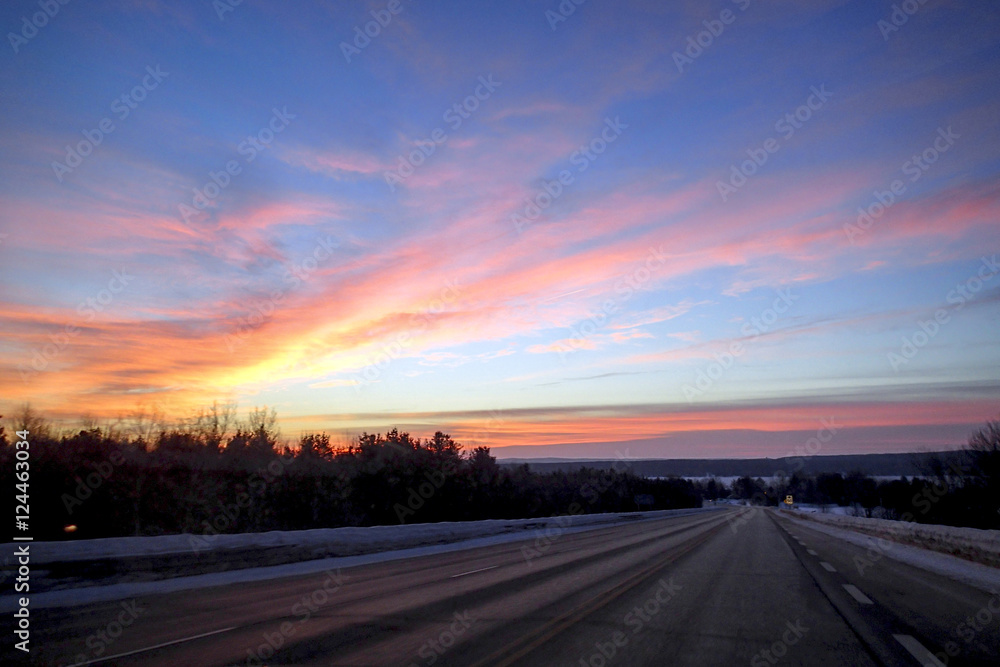 Sunrise on the road in Canada