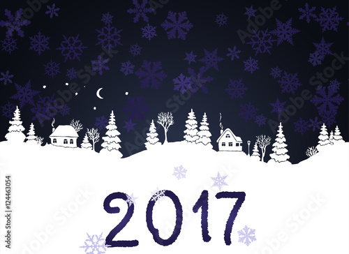 New year 2017 background with white silhouettes of winter countryside landscape  firs  trees  houses  bushes  snowdrifts  moon and stars. Dark sky with snow flakes. Vector illustration.