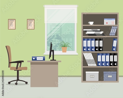 Workplace of office worker. There are such objects on a window background: a desktop, case for documents, a chair, a computer. Vector flat illustration 