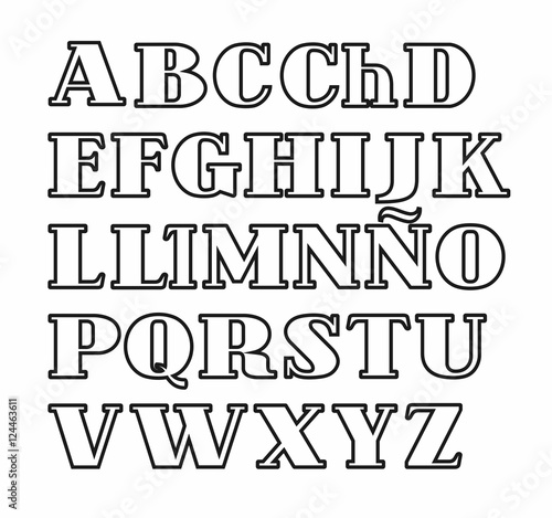 Spanish alphabet, uppercase letters a contour, vector. Vector font, on a white background. White letters with a thin black outline. 