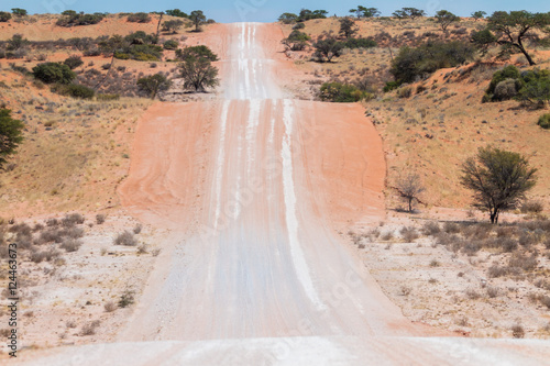 Straight and hilly road through the red dunes in the Kalahari dessert in Namibia