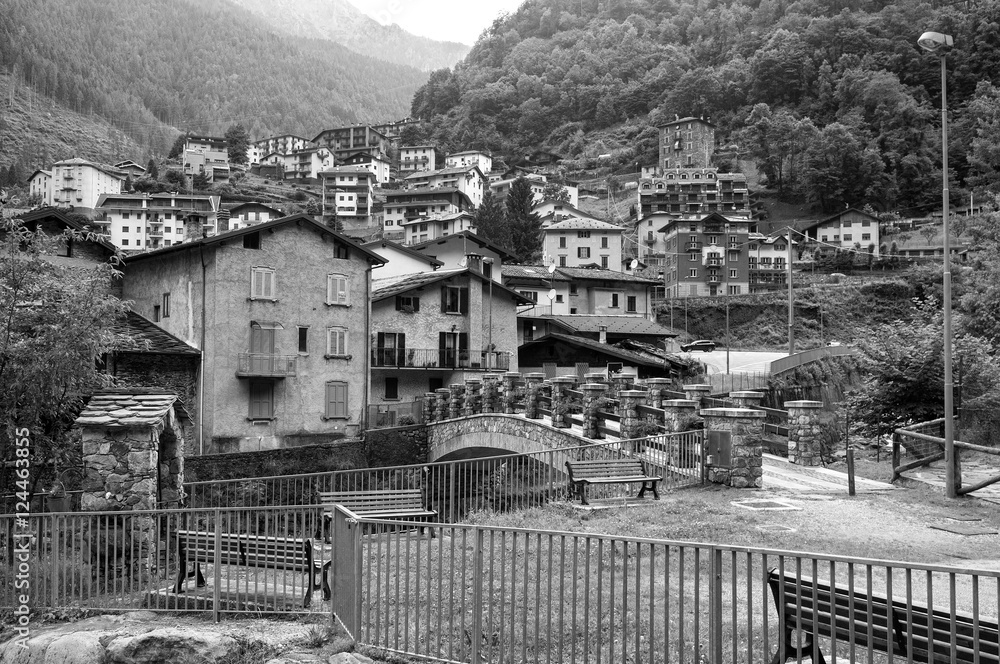 Mountain village. Black and white photo