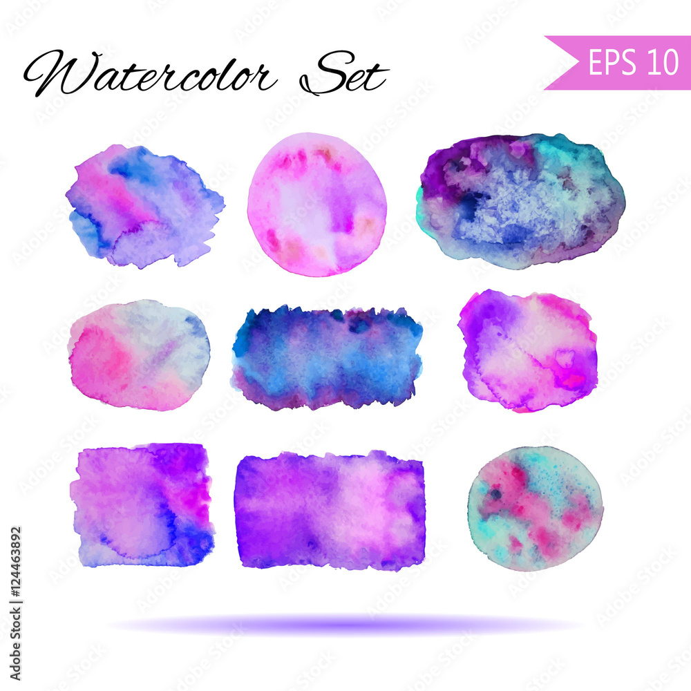 Set Watercolor-style vector spot illustration. Colorful element for design or print . Hand-drawn Rainbow background text word. Purple pink violet blue