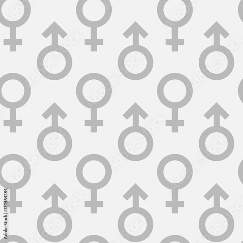 Seamless pattern of grey male and female gender symbols on white background. Simple flat vector geoetric signs.