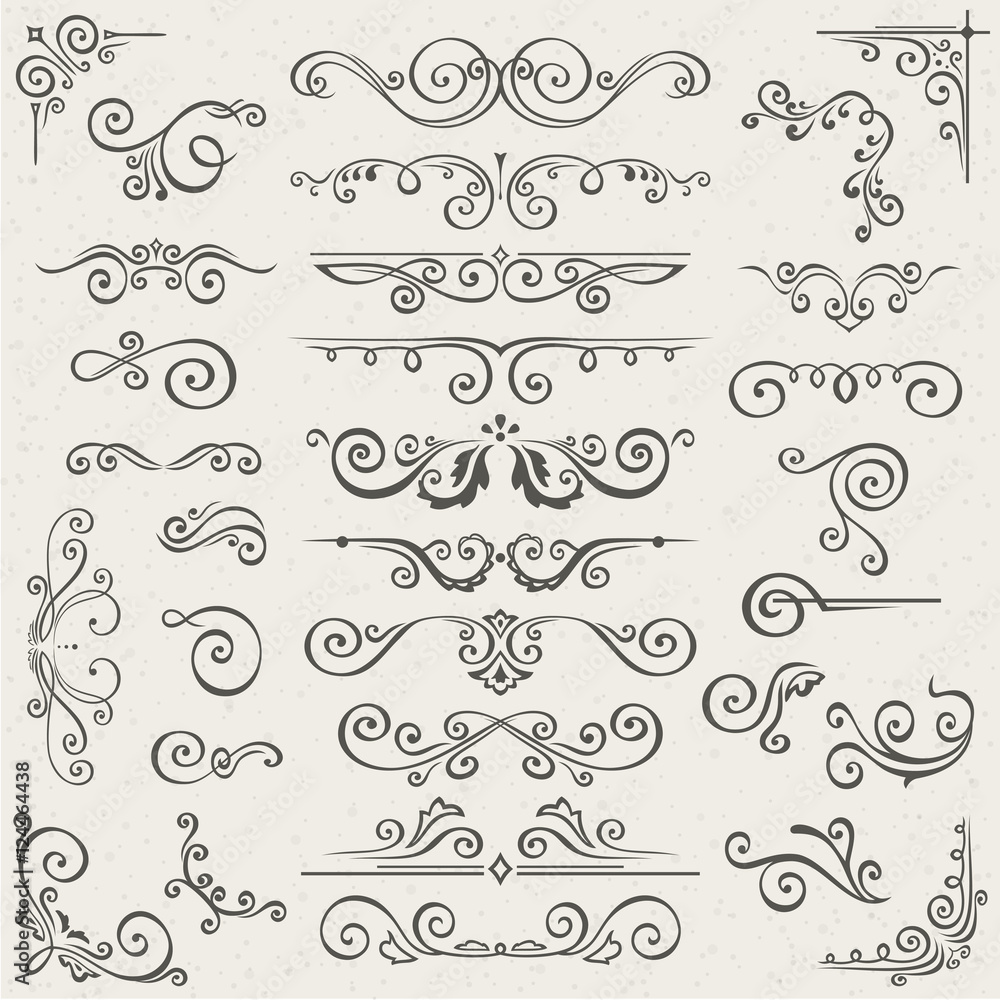 Vector set of Swirl Elements for design. Calligraphic page decoration, Labels, banners, antique and baroque Frames floral ornaments. Old paper Vector set of Swirl Elements for design. Calligraphic page decoration, Labels, banners, antique and baroque Frames floral ornaments. Old paper