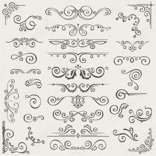 Vector set of Swirl Elements for design. Calligraphic page decoration, Labels, banners, antique and baroque Frames floral ornaments. Old paper