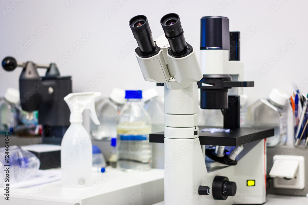 Photography Inverted phase contrast light microscope on biotechnology workbench