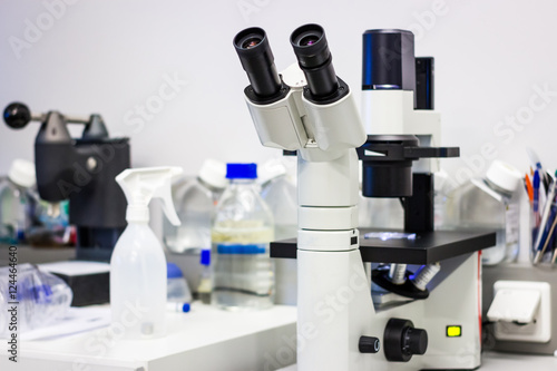 Photography Inverted phase contrast light microscope on biotechnology workbench