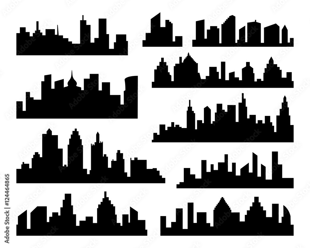 Set of vector Cities Silhouette. Vector black City Icons set on white Background